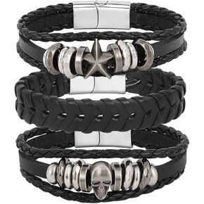 MILAKOO Punk Skull Leather Bracelets with Stainless Steel Clasp Rock Biker Goth Pentagram Wristband in Kuwait