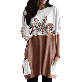 GRASWE Casual Long Sleeve T-Shirts for Women Funny Bunny Rabbit Print Sweatshirts Tunic Tops