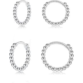 CERSLIMO Silver Hoop Earrings for Women| 3 Pairs Small Sterling Silver Post Beaded Huggie Earrings| Hypoallergenic Tiny Cartilage Sleeper Cuff Jewelry for Men Ladies Girls, 8mm 10mm 12mm