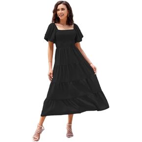 Women's Summer Boho Casual Dresses Square Neck Puff Sleeve Backless Smocked Ruffle Swing Maxi Dress