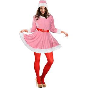 Geyoga Pink Christmas Elf Costume Set Women Velvet Dress with Belt Women's Xmas Striped Tights Christmas Hat Set Cosplay