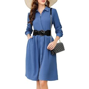 Womens Casual Dresses Work Midi Belted Asymmetrical Long Sleeve Button Down Shirt Dress for Women with Pockets