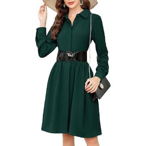 فساتين نسائية كاجوال للعمل متوسطة الطول بحزام غير متماثل وأكمام طويلة وأزرار سفلية للنساء مع جيوب in Kuwait