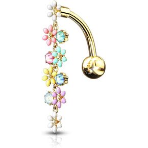 Pierced Owl - Dangling Flowers with Opalite Crystals Top Down Belly Button Ring in 316L Stainless Steel
