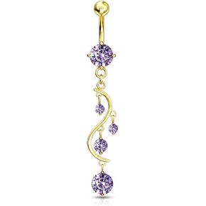 Forbidden Body Jewelry 14kt Gold Plated Surgical Steel Fancy Purple CZ Crystal Vine Drop Multi Gem Dangle Belly Button Ring