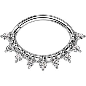 Pierced Owl 16GA Quality Precision All 316L Stainless Steel Oval Shaped CZ Crystal Fan Hinged Segment Ring