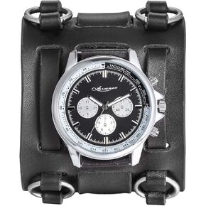 Avaner Mens Retro Steampunk Rock Black Wide Leather Bracelet Cuff Watches Big Face Round Dial Analog Quartz Sport Watch [Upgraded] Japanese Quartz Movement Watch in Kuwait