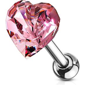 Amelia Fashion 16 Gauge Crystal Heart Top Tragus/Cartilage Barbell Stud 316L Surgical Steel (Choose Color)
