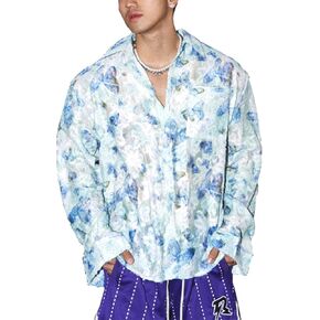 Mens See Through Lace Long Sleeve Mesh Floral Shirt Casual Button Down Shirts