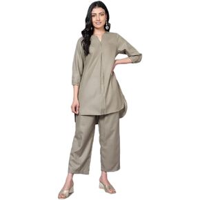 2 Piece Summer Outfits, Co-ord Set with Pant & Tunic Top, V Neck, 3/4 Sleeves Indian Co-ord Set