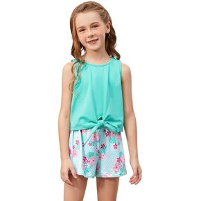 CHILDRENSTAR Girls 2 Piece Outfits Tie Knot Tank Top And Paperbag Waist Shorts 3-13Y