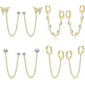 THUNARAZ 4 Pairs Trendy Chain Earrings for Women 14K Gold Plated Double Piercing Butterfly Dangle Hoop Earrings Sparkled CZ Chain Hoop Cartilage Studs Earrings Set in Saudi Arabia