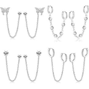THUNARAZ 4 Pairs Trendy Chain Earrings for Women 14K Gold Plated Double Piercing Butterfly Dangle Hoop Earrings Sparkled CZ Chain Hoop Cartilage Studs Earrings Set