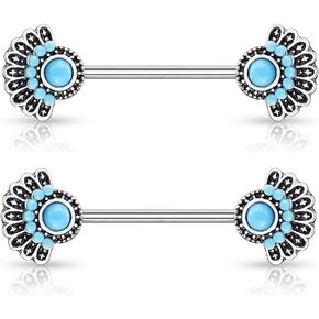 Pierced Owl Synthetic Turquoise Set Tribal Fan Nipple Barbells, Sold as a Pair