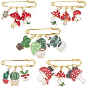 PH PandaHall 5PCS Stainless Steel Safety Pin Brooches, 5 Styles Alloy Enamel Brooches Fashion Sweater Shawl Clips Cactus Pot Mushroom Brooch Pins Jewelry for Clothing Dress Decoration Accessories