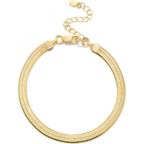NUZON Gold Snake Chain Bracelet for Women Girls 14K Gold Plated Adjustable 5MM Flat Flexible Herringbone Link Bracelet Charm Minimalist Jewelry for Gift