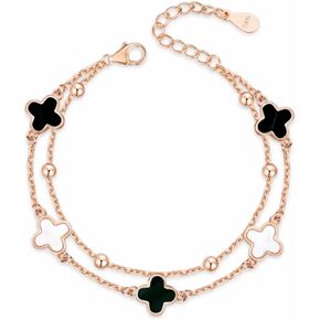 MGFESIO Double Layered 4 Leaf Clover Bracelet, S925 Silver 18K Rose Gold Plated & Adjustable - Clover Charm Bracelet Jewelry for Women