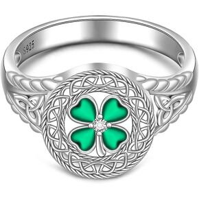 Shamrock Ring St Patricks Day Rings Four Leaf Clover Ring for Women Sterling Silver 925 Irish Shamrock Celtic Knot Green 4 Clover Jewelry Charm Prom Wedding Gifts Size 7 8 9