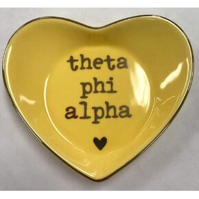 Sorority Shop Theta Phi Alpha Jewelry Dish - Heart-Shaped High-gloss finish Ceramic tray with Gold Detailing, Multi-Function Ceramic Ring Dish for Home or Office, Ideal for Jewelry and Keys