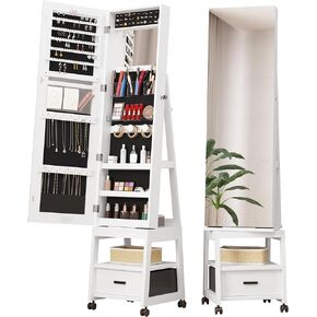 360° Swivel Jewelry Armoire, Floor Standing Locking Jewelry Armoire with Full Length Mirror,Bottom Drawer, Shelf, Wheels,White Jewelry Cabinet with Large Storage Capacity (White push-pull)
