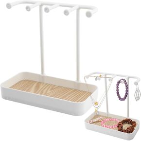 Jewelry Organizer Stand Necklace Holder, Jewelry Rack with Wooden Tray, 5 Hooks Necklaces Hanging Small Jewelry Display Storage for Bracelets Earrings Rings Watches(white)