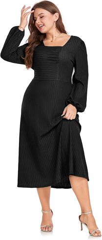 فستان LALAGEN نسائي 2024 مقاس كبير للخريف ميدي فستان غير رسمي بأكمام طويلة على شكل حرف a لحفلات الكوكتيل in Kuwait