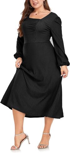 فستان LALAGEN نسائي 2024 مقاس كبير للخريف ميدي فستان غير رسمي بأكمام طويلة على شكل حرف a لحفلات الكوكتيل in Kuwait