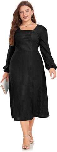 فستان LALAGEN نسائي 2024 مقاس كبير للخريف ميدي فستان غير رسمي بأكمام طويلة على شكل حرف a لحفلات الكوكتيل in Kuwait