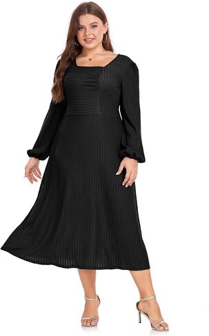 فستان LALAGEN نسائي 2024 مقاس كبير للخريف ميدي فستان غير رسمي بأكمام طويلة على شكل حرف a لحفلات الكوكتيل in Kuwait