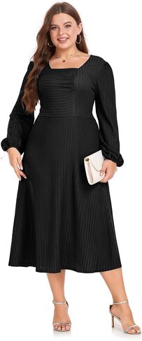 فستان LALAGEN نسائي 2024 مقاس كبير للخريف ميدي فستان غير رسمي بأكمام طويلة على شكل حرف a لحفلات الكوكتيل in Kuwait