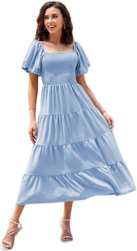 Women's Summer Boho Casual Dresses Square Neck Puff Sleeve Backless Smocked Ruffle Swing Maxi Dress in Saudi Arabia