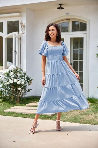 Women's Summer Boho Casual Dresses Square Neck Puff Sleeve Backless Smocked Ruffle Swing Maxi Dress in Saudi Arabia