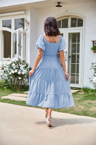Women's Summer Boho Casual Dresses Square Neck Puff Sleeve Backless Smocked Ruffle Swing Maxi Dress in Saudi Arabia