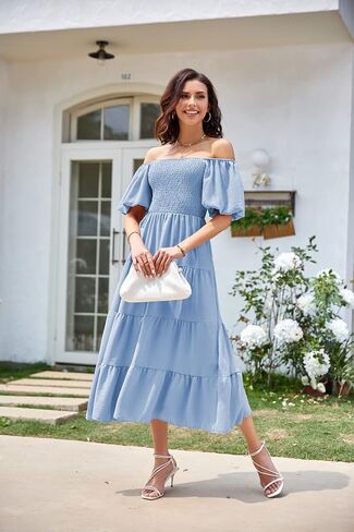 Women's Summer Boho Casual Dresses Square Neck Puff Sleeve Backless Smocked Ruffle Swing Maxi Dress in Saudi Arabia