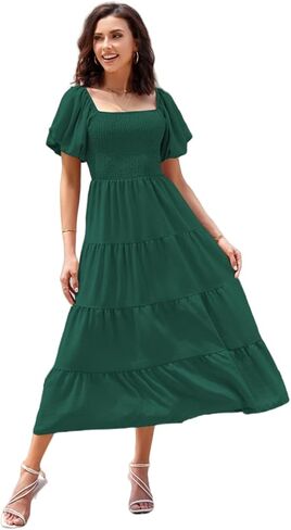 Women's Summer Boho Casual Dresses Square Neck Puff Sleeve Backless Smocked Ruffle Swing Maxi Dress in Saudi Arabia