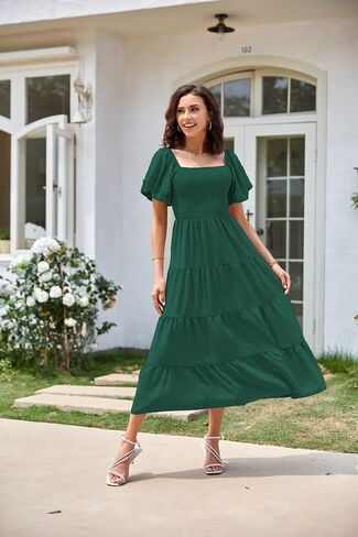 Women's Summer Boho Casual Dresses Square Neck Puff Sleeve Backless Smocked Ruffle Swing Maxi Dress in Saudi Arabia