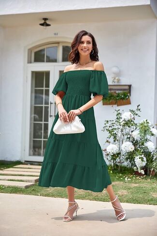 Women's Summer Boho Casual Dresses Square Neck Puff Sleeve Backless Smocked Ruffle Swing Maxi Dress in Saudi Arabia