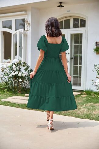 Women's Summer Boho Casual Dresses Square Neck Puff Sleeve Backless Smocked Ruffle Swing Maxi Dress in Saudi Arabia