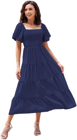 Women's Summer Boho Casual Dresses Square Neck Puff Sleeve Backless Smocked Ruffle Swing Maxi Dress in Saudi Arabia