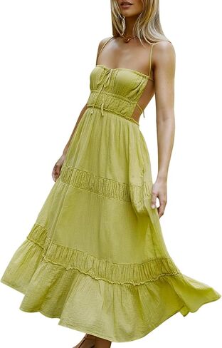 HeSaYep Sexy Dress for Women Summer Backless Flowy Dress Spaghetti Strap Maxi Dress with Pockets, Green XL in Kuwait