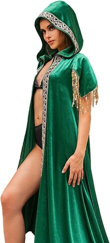 عباءة نسائية بقلنسوة من Edary باللون الأخضر المخملي طويل كيب زي الهالوين التأثيري رداء مطرز يغطي الشالات والأغطية in Kuwait