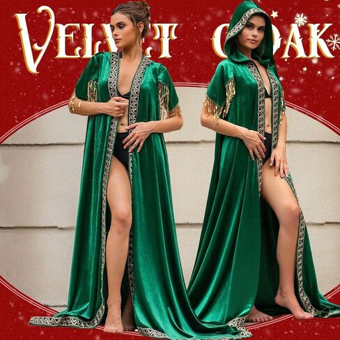 عباءة نسائية بقلنسوة من Edary باللون الأخضر المخملي طويل كيب زي الهالوين التأثيري رداء مطرز يغطي الشالات والأغطية in Kuwait
