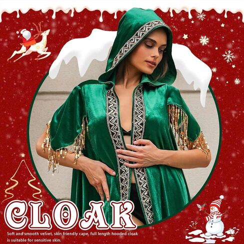 عباءة نسائية بقلنسوة من Edary باللون الأخضر المخملي طويل كيب زي الهالوين التأثيري رداء مطرز يغطي الشالات والأغطية in Kuwait