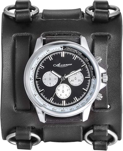 Avaner Mens Retro Steampunk Rock Black Wide Leather Bracelet Cuff Watches Big Face Round Dial Analog Quartz Sport Watch [Upgraded] Japanese Quartz Movement Watch in Kuwait