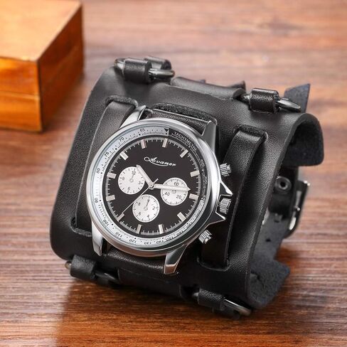 Avaner Mens Retro Steampunk Rock Black Wide Leather Bracelet Cuff Watches Big Face Round Dial Analog Quartz Sport Watch [Upgraded] Japanese Quartz Movement Watch in Kuwait
