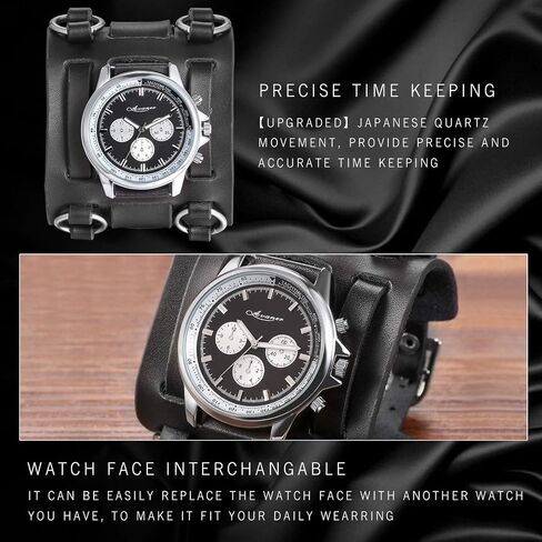 Avaner Mens Retro Steampunk Rock Black Wide Leather Bracelet Cuff Watches Big Face Round Dial Analog Quartz Sport Watch [Upgraded] Japanese Quartz Movement Watch in Kuwait
