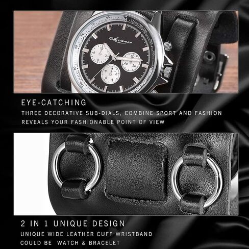 Avaner Mens Retro Steampunk Rock Black Wide Leather Bracelet Cuff Watches Big Face Round Dial Analog Quartz Sport Watch [Upgraded] Japanese Quartz Movement Watch in Kuwait
