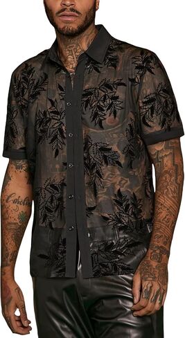 WDIRARA Men's Plants Print Mesh Short Sleeve Button Up Shirt Sheer Top in Saudi Arabia