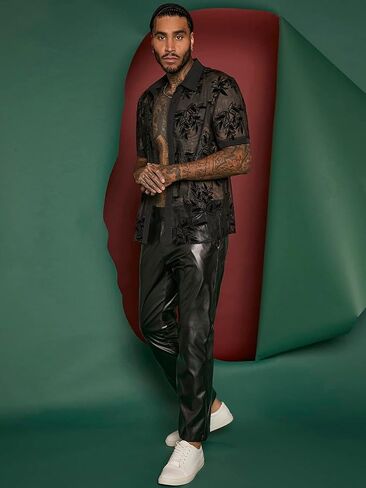 WDIRARA Men's Plants Print Mesh Short Sleeve Button Up Shirt Sheer Top in Saudi Arabia