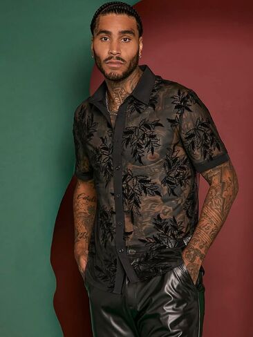 WDIRARA Men's Plants Print Mesh Short Sleeve Button Up Shirt Sheer Top in Saudi Arabia